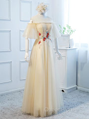 Round Neck Floral Champagne Long Evening Prom Dresses with Corset Back, Champagne Long Formal Bridesmaid Dresses