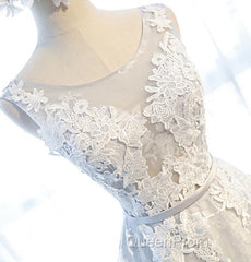 Round Neck Gray Lace Evening Prom Dresses with Corset Back, Gray Lace Formal Evening Bridesmaid Dresses