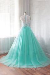 Round Neck Green Lace Tulle Long Evening Prom Dresses, Green Lace Formal Dresses, Green Evening Dresses