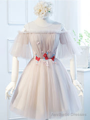 Round Neck Half Sleeves Short Pink Prom Dresses, Half Sleeves Short Pink Graduation Bridesmaid Dresses