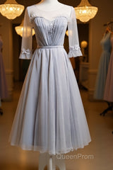 Round Neck Long Sleeves Blue Evening Prom Dresses, Long Sleeves Blue Formal Bridesmaid Evening Dresses