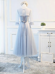 Round Neck Long Sleeves Blue Evening Prom Dresses, Long Sleeves Blue Formal Bridesmaid Evening Dresses
