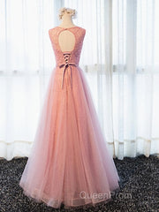 Round Neck Pink Beaded Long Evening Prom Dresses, Pink Long Formal Evening Dresses