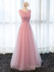 Round Neck Pink Beaded Long Evening Prom Dresses, Pink Long Formal Evening Dresses
