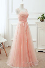 Round Neck Pink Lace Long Evening Prom Dresses, Pink Lace Bridesmaid Dresses