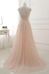 Round Neck Pink Lace Evening Prom Dresses, Pink Lace Formal Evening Dresses
