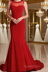 Round Neck Red Evening Prom Dresses, Red Evening Dresses, Red Long Dresses