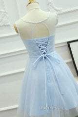 Round Neck Short Blue Lace Evening Prom Dresses, Short Blue Lace Homecoming Graduation Dresses