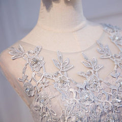 Round Neck Short Gray Lace Evening Prom Dresses, Short Gray Lace Formal Homecoming Graduation Dresses