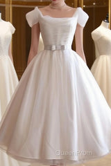 Round-Neck White Tulle Short Retro Evening Prom Dresses, Retro Wedding Dresses