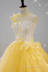 Round Neck Yellow Lace Tulle Evening Prom Dresses, Yellow Lace Short Homecoming Dresses, Yellow Formal Graduation Evening Dresses
