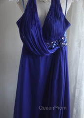 Royal Blue A-Line Halter Chiffon Satin Long Evening Prom Dresses V-Neck Beaded Birthday Party Dresses