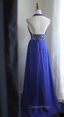Royal Blue A-Line Halter Chiffon Satin Long Evening Prom Dresses V-Neck Beaded Birthday Party Dresses