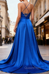 Royal Blue A Line Spaghetti Straps Satin Evening Prom Dresses with Slit