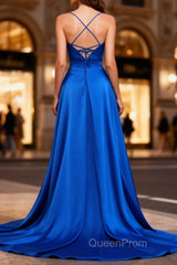 Royal Blue A Line Spaghetti Straps Satin Evening Prom Dresses with Slit