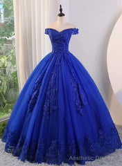 Royal Blue Ball Gown Tulle with Lace Applique Prom Dress,Royal Blue Sweetheart 16 Dress