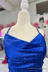 Royal Blue Cowl Neck Rhinestones Long Prom Dress with Feather-Trimmed Slit
