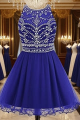 Royal Blue Homecoming Dresses , Tulle Beaded Party Dresses, Cute Party Dresses