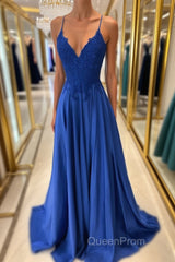 Royal blue lace satin long Evening Prom Dresses blue formal Dresses