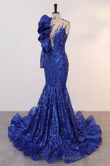 Royal Blue Mermaid One Sleeve Prom Dresses Sequined Lace Jewel Ruffles Evening Party Dress with Appliques