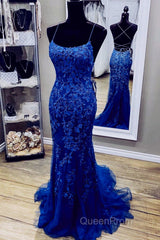 Royal Blue Mermaid Straps Tulle And Lace Party Dresses, Royal Blue Evening Prom Dresses