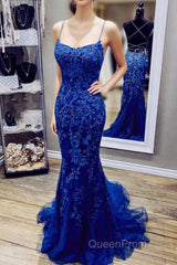 Royal Blue Mermaid Straps Tulle And Lace Party Dresses, Royal Blue Evening Prom Dresses