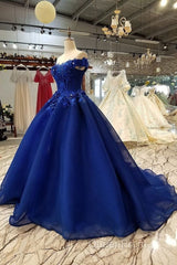 Royal Blue Off-The-Shoulder Evening Dresses, Appliques Formal Evening Prom Dresses