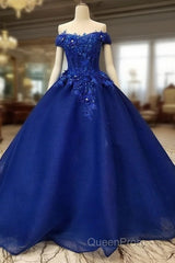 Royal Blue Off-The-Shoulder Evening Dresses, Appliques Formal Evening Prom Dresses