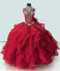Royal Blue Organza High Neck Quinceanera Dresses Burgundy Evening Prom Dresses