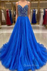 Royal Blue Evening Prom Dresses A Line Spaghetti Straps Long Party Evening Dresses with Beading