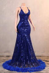 Royal Blue Prom Dresses Sequin Mermaid Long Evening Dresses Floor Length Sleeveless Spaghetti Strap with Feather