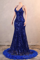 Royal Blue Prom Dresses Sequin Mermaid Long Evening Dresses Floor Length Sleeveless Spaghetti Strap with Feather