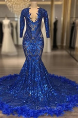 Royal Blue Robe De Soiree Mermaid V-Neck Long Sleeves Appliques Feather Long Evening Prom Dresses Evening Prom Gown Evening Dresses