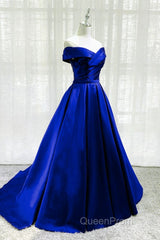 Royal Blue Satin A-Line Long Party Dresses, Simple Long Evening Prom Dresses Evening Dresses