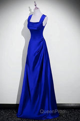 Royal Blue Satin A-Line Simple Long Party Dresses, Royal Blue Satin Floor Length Evening Prom Dresses