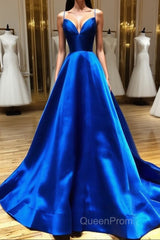 Royal Blue Satin A Line V Neck Long Evening Prom Dresses