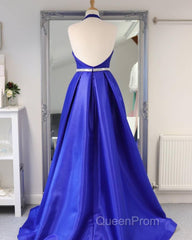Royal Blue Satin Deep V Neck Simple Long Evening Prom Dresses Backless Party Dresses