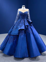 Royal Blue Satin Long Sleeve Appliques Beading Prom Dress