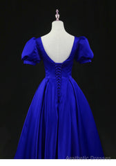 Royal Blue Satin Tea Length Wedding Party Dress, Blue Prom Homecoming Dress