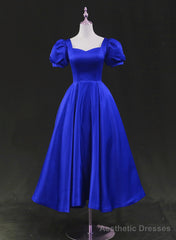 Royal Blue Satin Tea Length Wedding Party Dress, Blue Prom Homecoming Dress