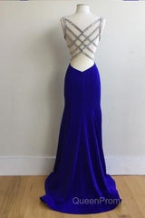 Royal Blue Satin V Neck Mermaid Evening Dresses With Cross Back