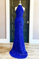Royal Blue Sequin Halter Long Formal Dresses with Slit Evening Prom Dresses