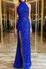 Royal Blue Sequin Halter Long Formal Dresses with Slit Evening Prom Dresses