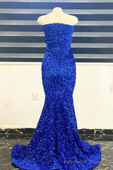 Royal Blue Sequins Strapless Mermaid Long Prom Dress