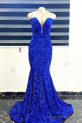 Royal Blue Sequins Strapless Mermaid Long Prom Dress