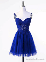 Royal Blue Tulle with Lace Applique Short Formal Dress, Royal Blue Homecoming Dress