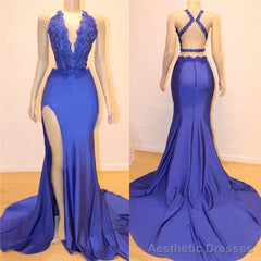 Royal Blue V-neck Open back Side Slit Mermaid Beads Lace Prom Dresses