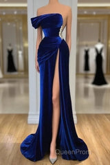 Royal Blue Velvet Trumpet Mermaid Evening Prom Dresses With Slit