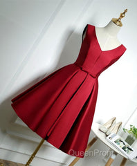 Simple Burgundy Satin V Neck Short Evening Prom Dresses, Evening Dresses