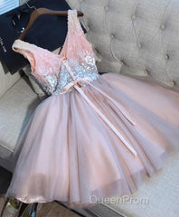 Cute Pink V Neck Tulle Seqsuins Short Evening Prom Dresses, Cocktail Dresses
